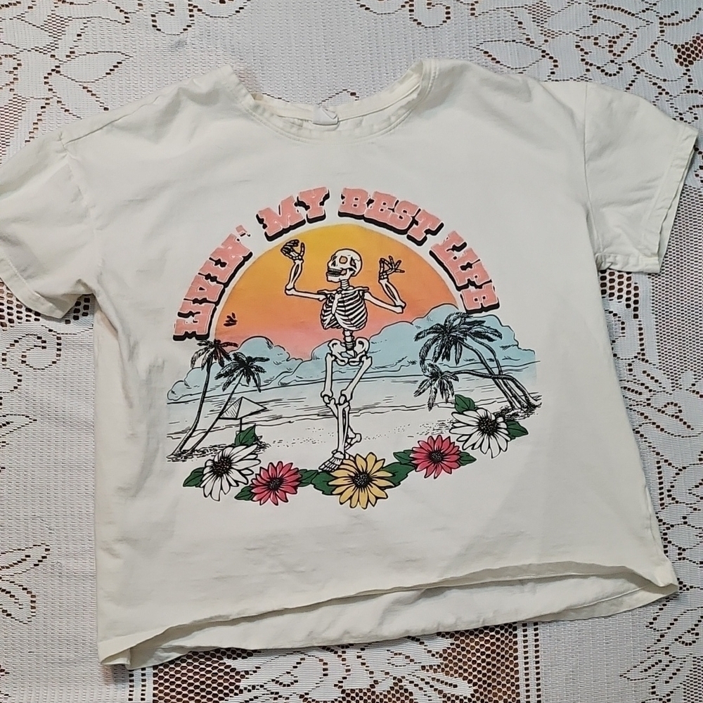 Juniors Graphic Tee - Cream/ White with Colorful Print
